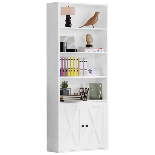 Industrial Bookshelves and Bookcases with Doors Floor Standing 6 Shelf Display Storage Shelves 70 in Tall Bookcase for Home Office, Living Room