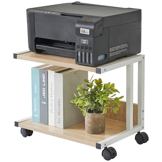 Under Desk Printer Stand, 2-Tier, Mobile Home Desktop Organizer Shelf with 4 Wheels, for Printer, Fax, Home Office Use, Light Wood UTLJ007R