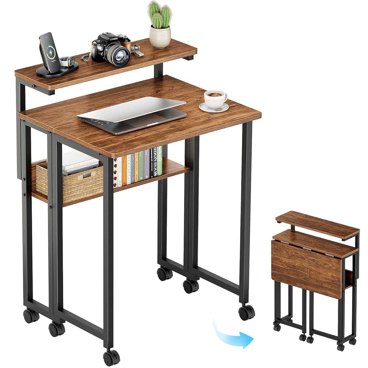 Folding Desk with Adjustable Monitor Stand and Storage Shelf, 24.8in Small Desk with Wheels, Mobile Rolling Table for Small Spaces, Home Office, Walnut