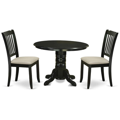 Exclusive SHDA3-BLK-C Kitchen Dining Set: Round Table & 2 Microfiber Seat Chairs. Elegant Black Finish, Rubber Wood Construction. Perfect for Limited Spaces.