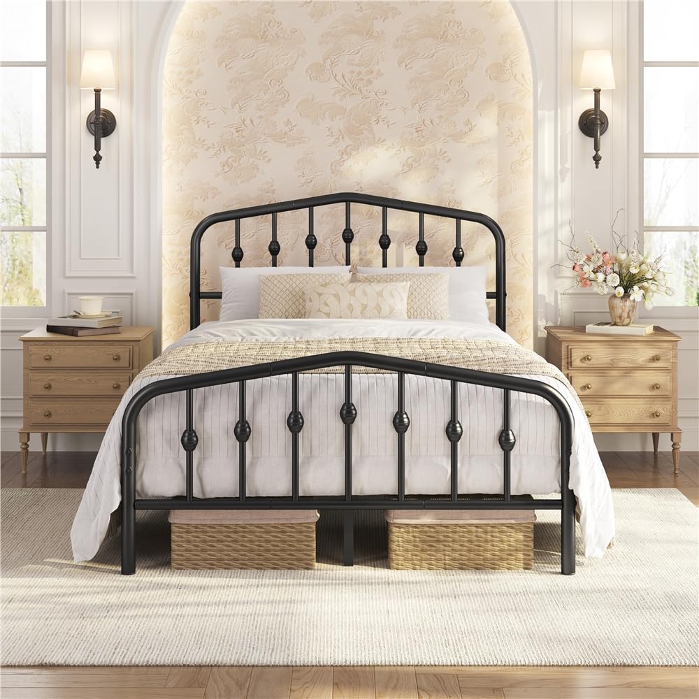 Full Metal Bed Frame with Victorian Vintage Headboard, Black