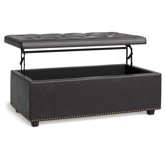 Hamilton 44 inch Wide Traditional Rectangle Lift Top Rectangular Storage Ottoman in Tanners Brown Vegan Faux Leather, Assembled, For the Living Room, Entryway and Family Room