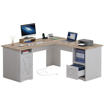 L Shaped Desk with Power Outlets, 60 Inch Computer Desk Corner Desk with File Drawer, Home Office Desk with Monitor Stand & Storage Shelves, L-Shaped Desk with File Cabinet, Grey Wash