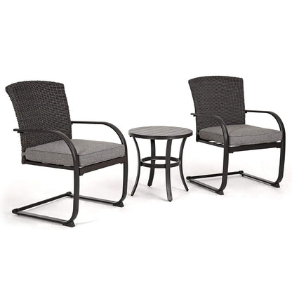 3-Piece Bistro Set, Outdoor Wicker Table Set, Rocking Wicker Chairs with Removable Cushions and Small Coffee Table, Patio Furniture Sets for Balcony, Porch, Grey