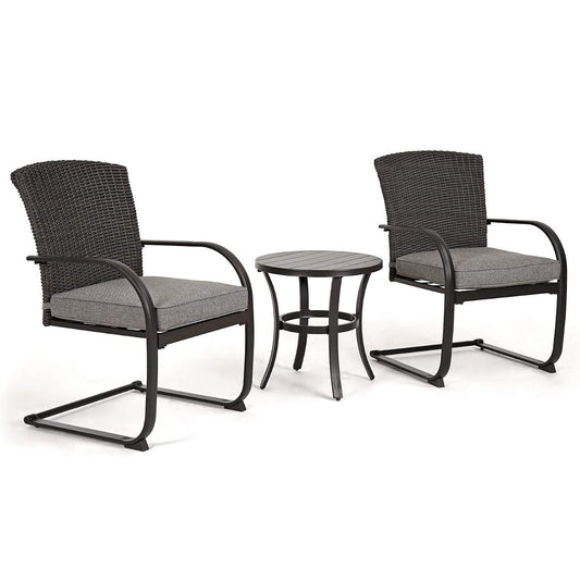 3-Piece Bistro Set, Outdoor Wicker Table Set, Rocking Wicker Chairs with Removable Cushions and Small Coffee Table, Patio Furniture Sets for Balcony, Porch, Grey
