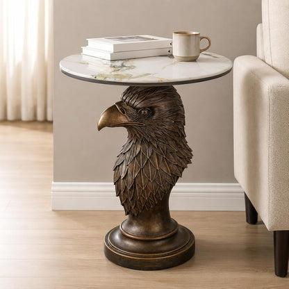 Eagle Head Accent Side Table - End Table with Faux Marble Top Unique Eagle Statue Decor for Living Room Bedroom Entryway Elegant Animal Sculpture Modern Classical Decoration, Bronze