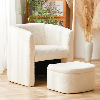 Upholstered Sherpa Barrel Accent Chair with Storage Ottoman, Morden Living Room Side Chair, Single Sofa Armchair with Lounge Seat for Bedroom/Office/Reading Spaces, Cream