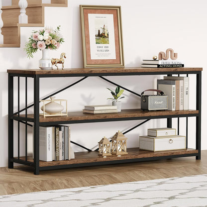 Horizontal Low Bookshelf, Extra Long Industrial Wood 3 Tier Bookcase, Wide Open Metal Large Book Shelf for Bedroom Living Room, Rustic Brown, 70 Inch