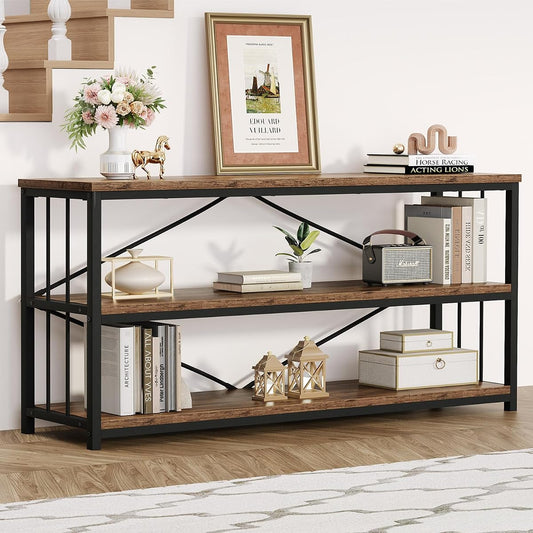 Horizontal Low Bookshelf, Extra Long Industrial Wood 3 Tier Bookcase, Wide Open Metal Large Book Shelf for Bedroom Living Room, Rustic Brown, 70 Inch