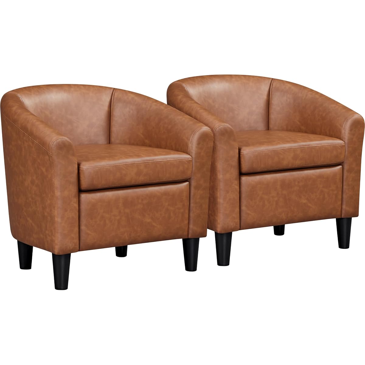 Leather Accent Chair, PU Leather Modern Barrel Chair Club Armchair with Soft Padded for Living Room Bedroom, Brown, Set of 2