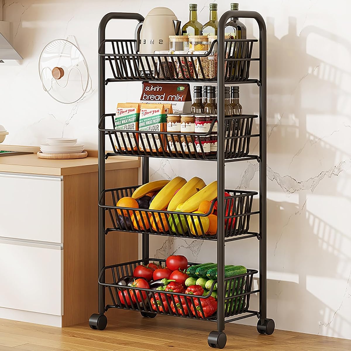 3 Tier Rolling Cart,Simple Trending 4 Tier Rolling Fruit Vegetable Basket Cart with 4 Detachable Wheels,Storage Rack for Kitchen,Bedroom for Bread Onion Potatoes(4 Floors)