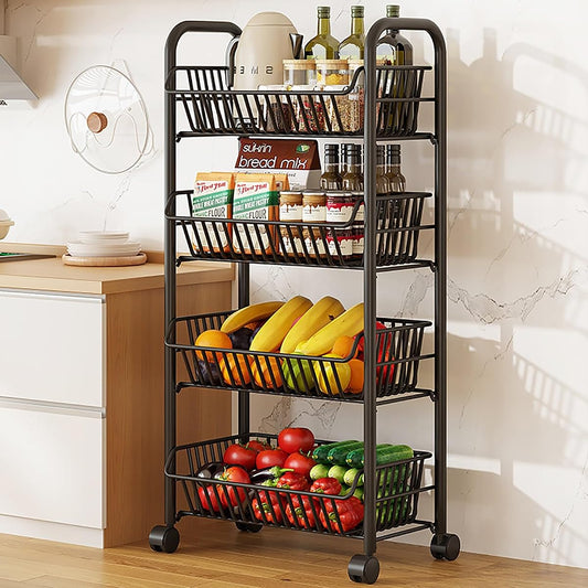 3 Tier Rolling Cart,Simple Trending 4 Tier Rolling Fruit Vegetable Basket Cart with 4 Detachable Wheels,Storage Rack for Kitchen,Bedroom for Bread Onion Potatoes(4 Floors)