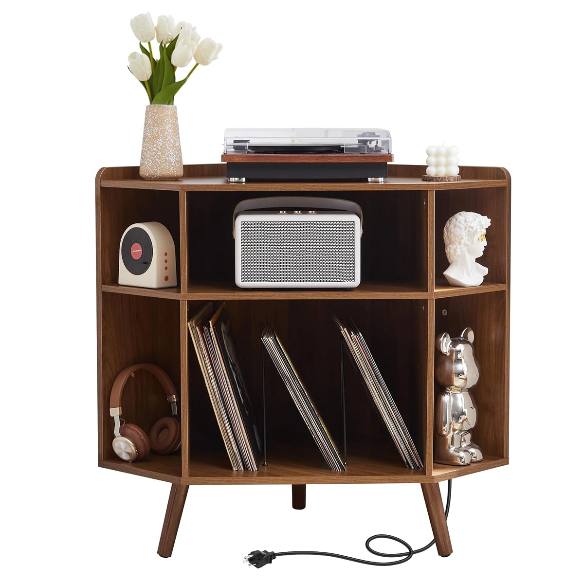 Corner Record Player Stand with Charging Station & USB Ports