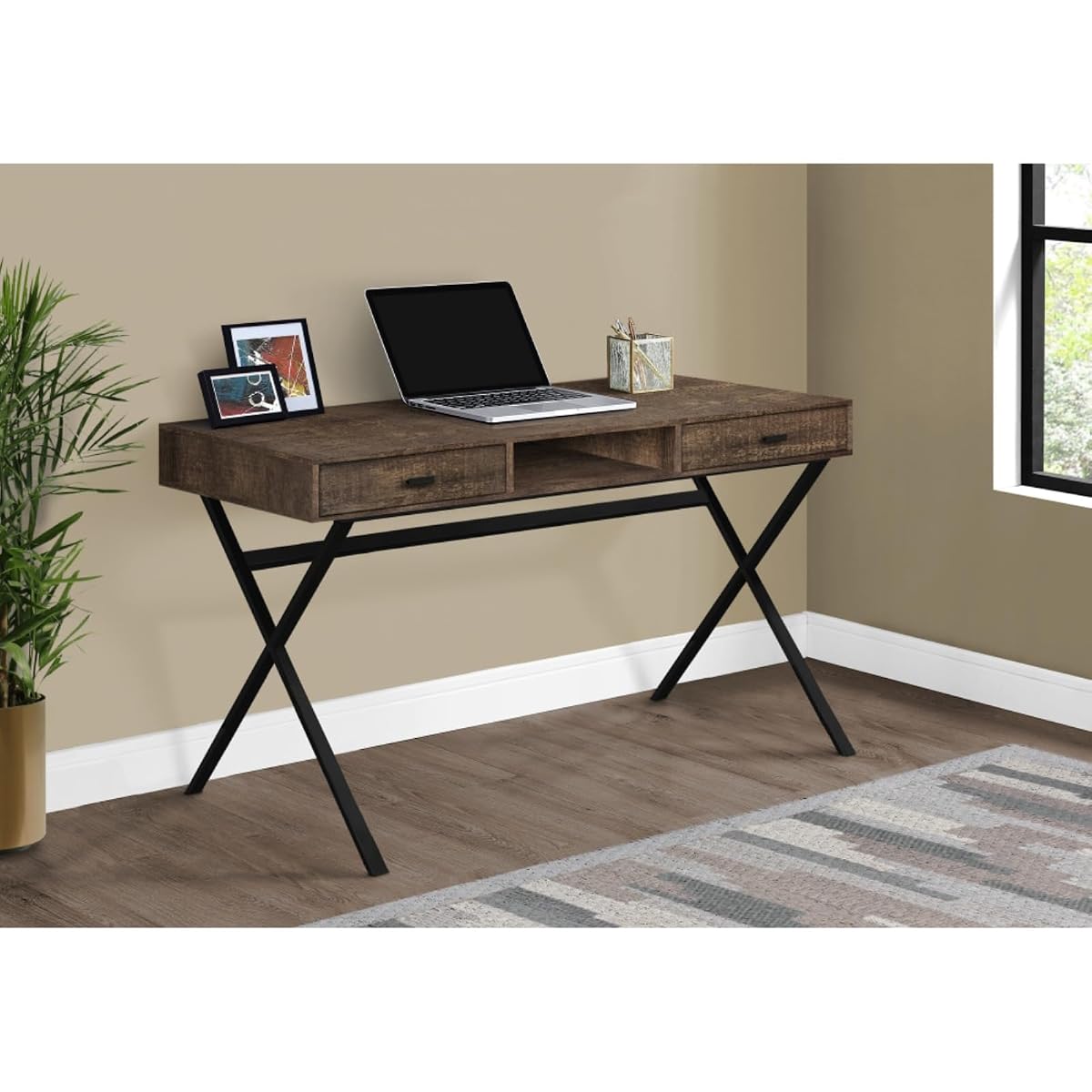 Hassyee Multi-use Rustic Computer Desk with X-Design Metal Base