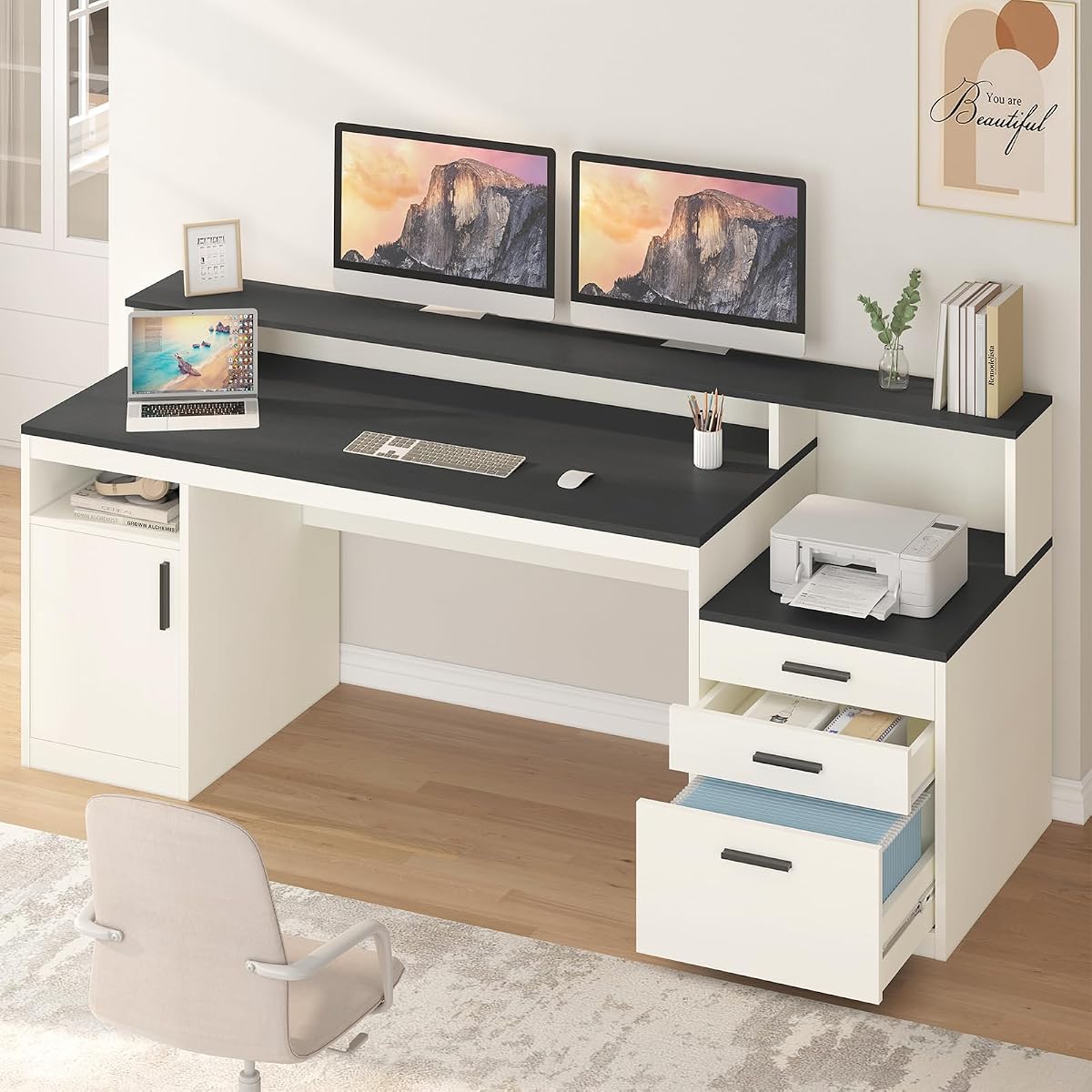 65" Computer Desk with 3 Drawers & Printer Shelf for Home Office