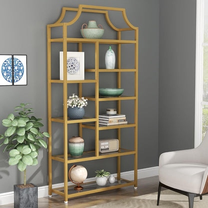 8-Open Shelf Bookshelf, 70.87" H x 31.5" L Lux Etagere, Tempered Glass Bookcase, Tall Storage Display Modern Open Book Case for Bedroom, Home Office & Living Room, Gold Finish & Glass Shelving