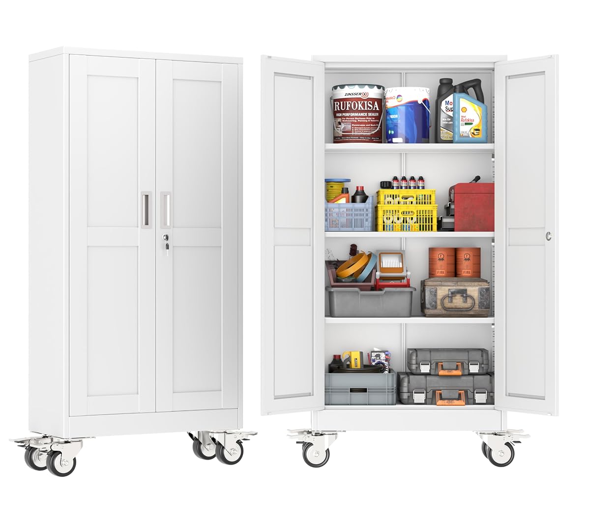 Metal Storage Cabinet with Wheels,Tall Rolling Garage Storage Cabinet with 2 Doors and 3 Adjustable Shelves - 61" Steel Lockable File Cabinet,Locking Tool Cabinets for Garage,Office,Gym,School(White)