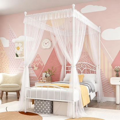 Metal Twin Canopy Bed Frame with Headboard and Footboard