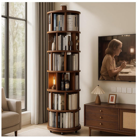 Real Solid Wood walnut Rotating Round Bookshelf Towers with Wheels,Bookcase