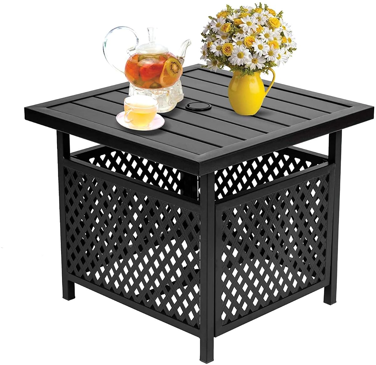 Outdoor Patio Bistro Coffee Table Side Table with 1.57" Umbrella Hole, Small Metal Square, for Garden, Pool, Deck, Black