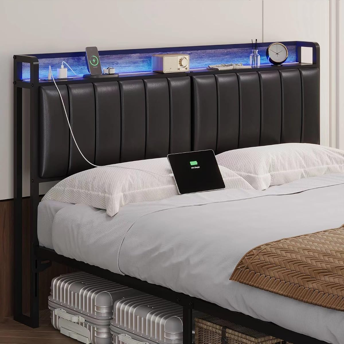 Queen Headboard Only with Storage & Outlets,Bed Headboard Queen Size,Black