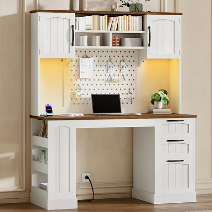 65''H Farmhouse Computer Desk with Hutch, Charging Station