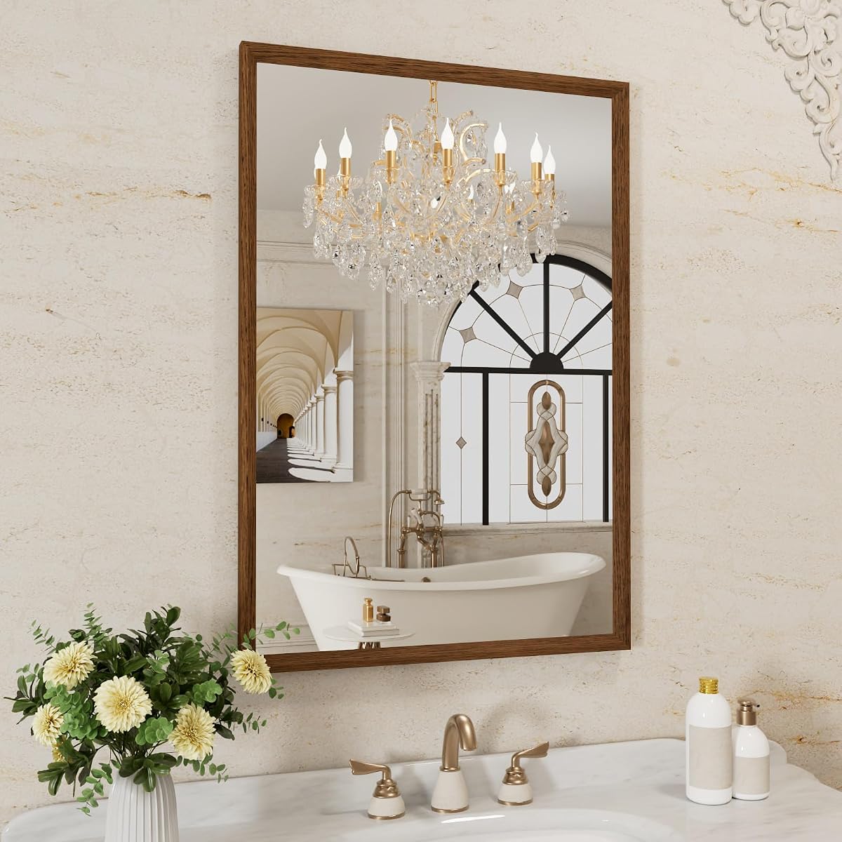 Walnut Bathroom Mirror 24x36 Inch, Walnut Wood Grain Framed Mirror, Rectangle Wall Mounted Bathroom Vanity Mirror with Tempered Glass, Hangs Vertically or Horizontally, Anti-Rust