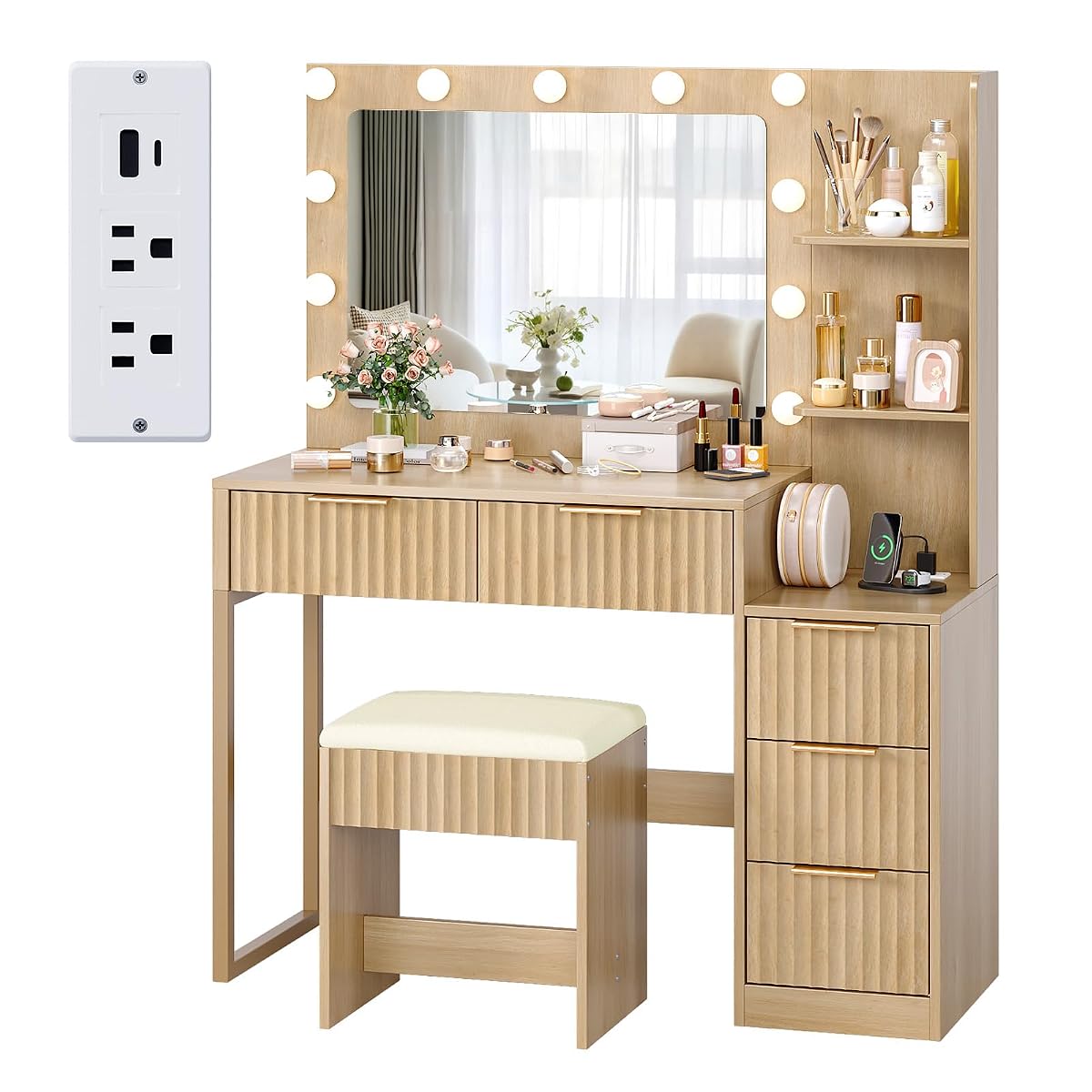 Fluted Makeup Vanity Desk with Mirror & Lights & Power Outlet
