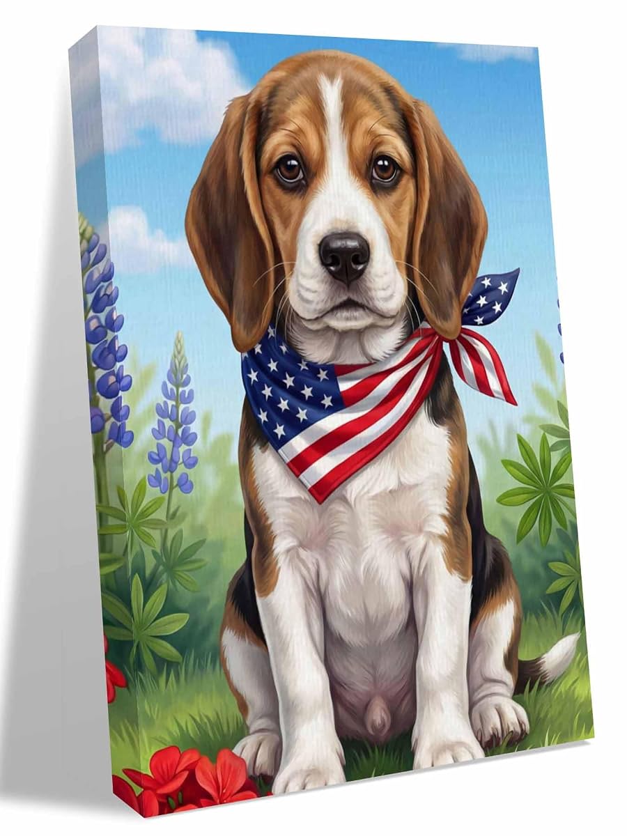NuYeBiofx Independence Day USA Flag 4th of July Farm Flower Dog Canvas Wall Art Prints,48"x32" Framed Picture Artwork Printed Canvas Oil Painting for Living Room Bedroom Office,Ready to Hang