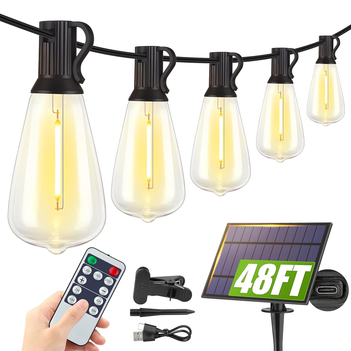 48FT Solar String Lights Outdoor with Remote, Waterproof Dimmable Patio Lights with 15+1 LED ST38 Bulbs 3 Modes Hanging Lighting for Backyard