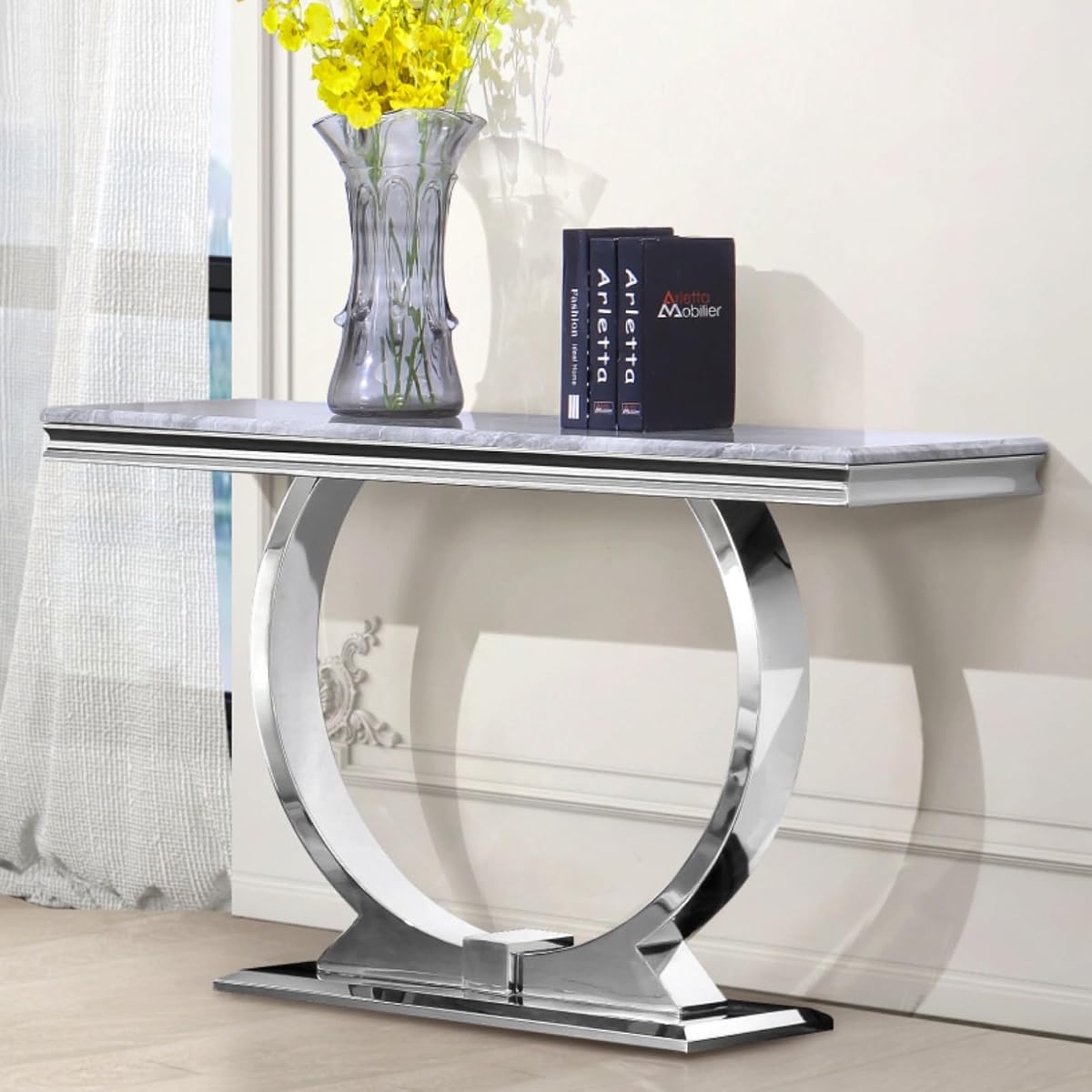 Silver Console Table, 50" Rectangular Sofa Table with Mirrored U-Base, Modern Grey Console Table for Entryway, Living Room, Office, Coffee Bar, Front Hall, Hallway