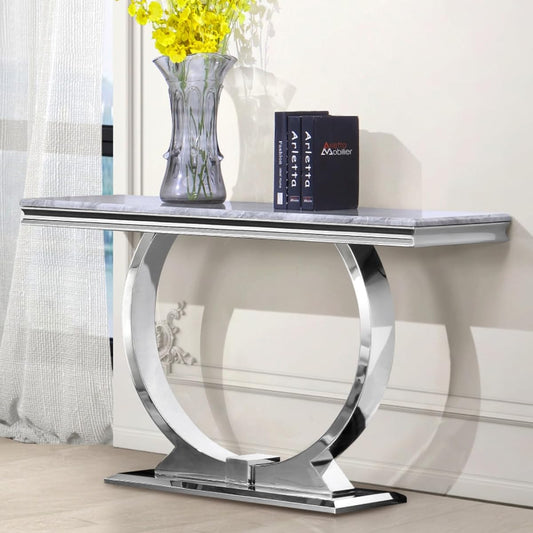 Silver Console Table, 50" Rectangular Sofa Table with Mirrored U-Base, Modern Grey Console Table for Entryway, Living Room, Office, Coffee Bar, Front Hall, Hallway