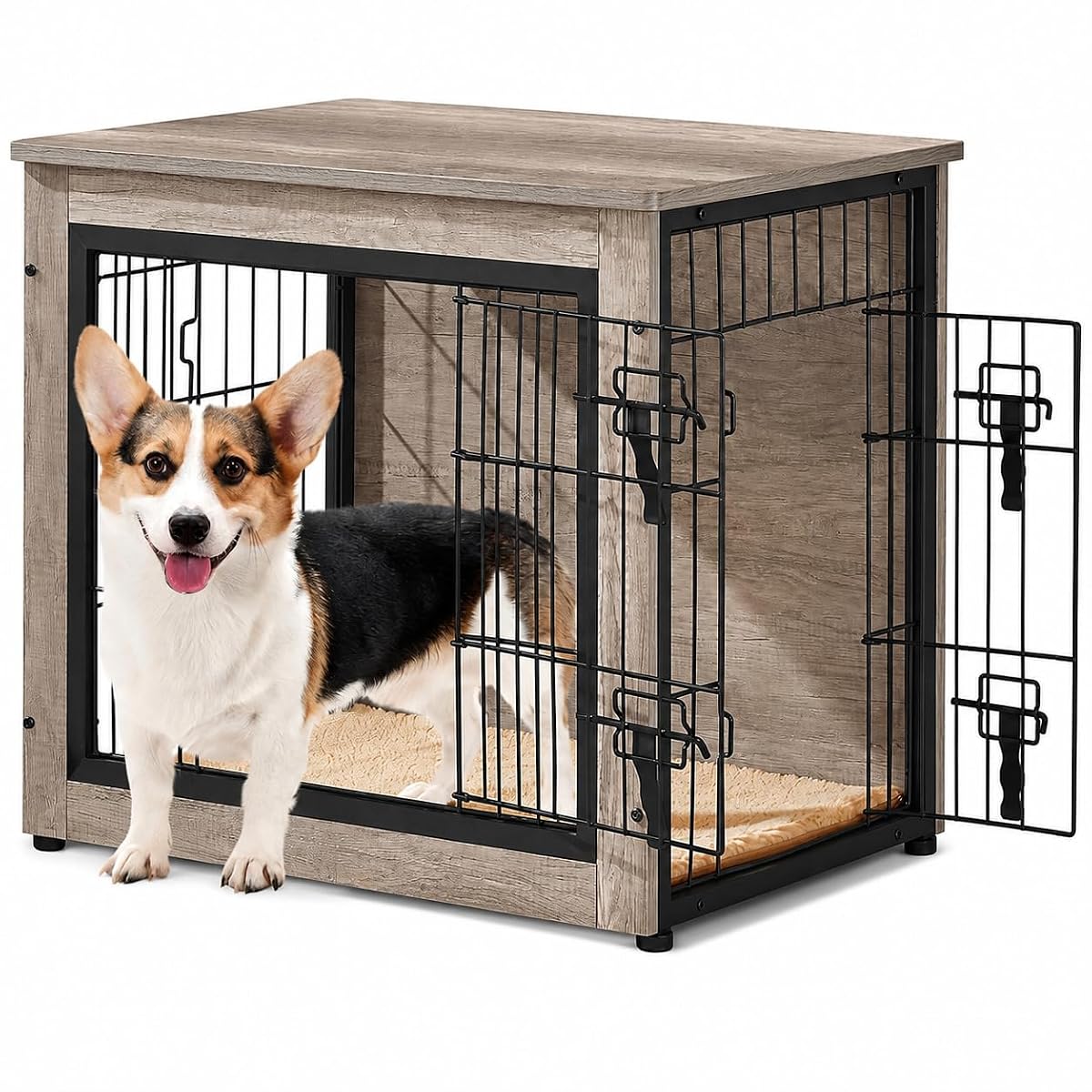 27.5in Wooden Dog Crate Furniture w/Cushion for Small Dogs, Gray