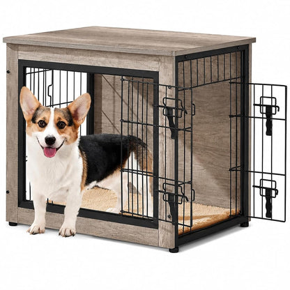 27.5in Wooden Dog Crate Furniture w/Cushion for Small Dogs, Gray