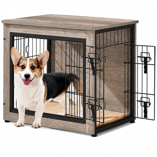 27.5in Wooden Dog Crate Furniture w/Cushion for Small Dogs, Gray