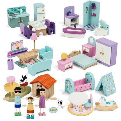Wooden Dollhouse Furniture Set 39 Pcs with 5 Rooms, Family Dolls & Pets, All-Wooden Doll House Accessories and Furniture, Pretend Play Dollhouse Accessories Toy Gift for Kids 3+