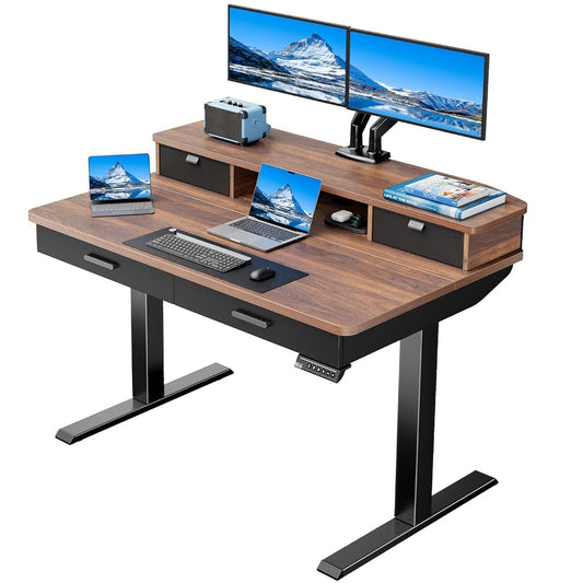 48 x 30 inch Electric Standing Desk with 4 Drawers, Adjustable Height Sit Stand Home Office Desk with Two Tiers, Ergonomic Adjustable Stand up Desk C-Clamp Monitor Mount Compatible, Walnut