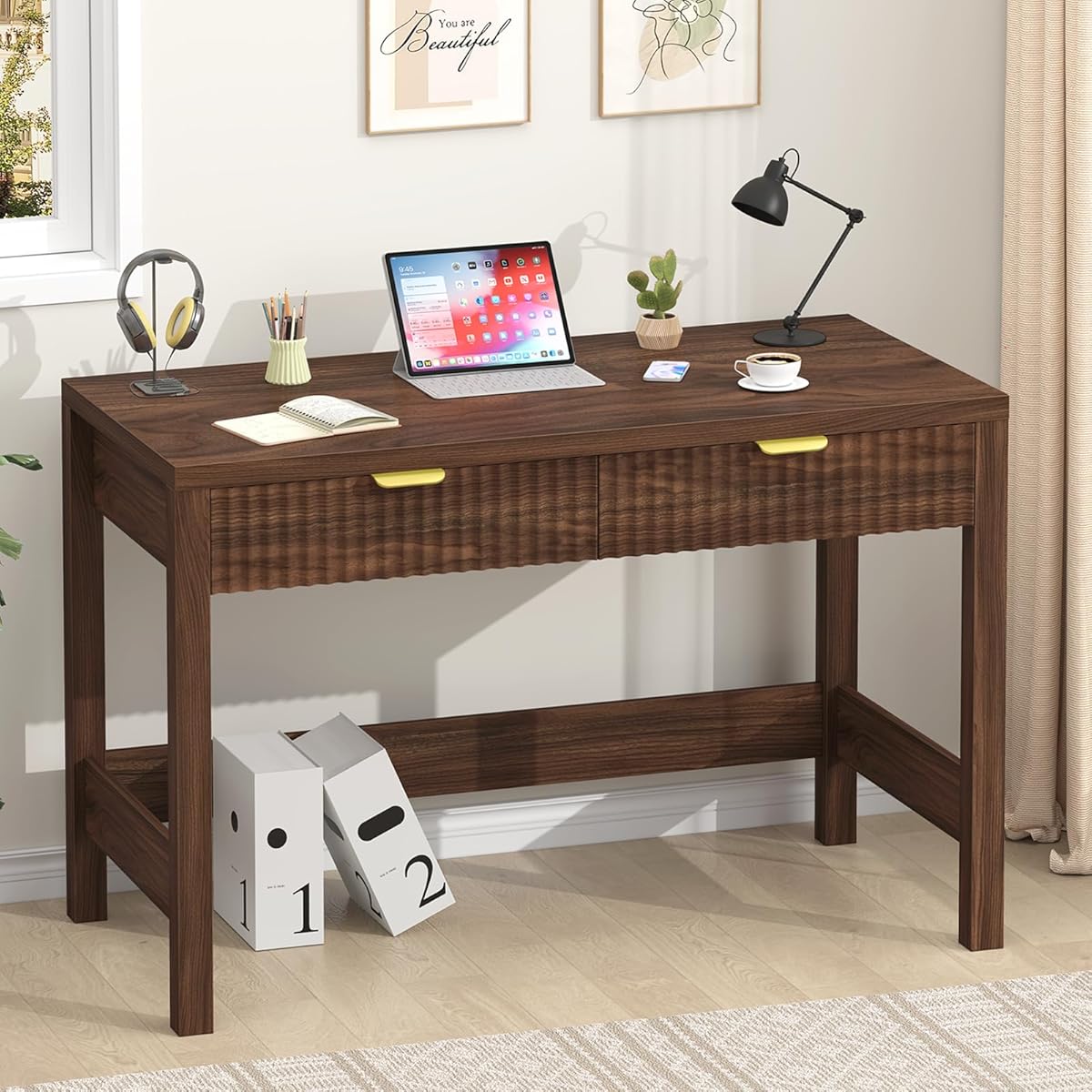 Fluted Computer Desk with 2 Drawers, 39 Inch Small Computer Desk with Storage, Compact Writing Study Desk for Small Spaces, Walnut