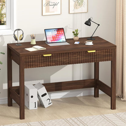 Fluted Computer Desk with 2 Drawers, 39 Inch Small Computer Desk with Storage, Compact Writing Study Desk for Small Spaces, Walnut