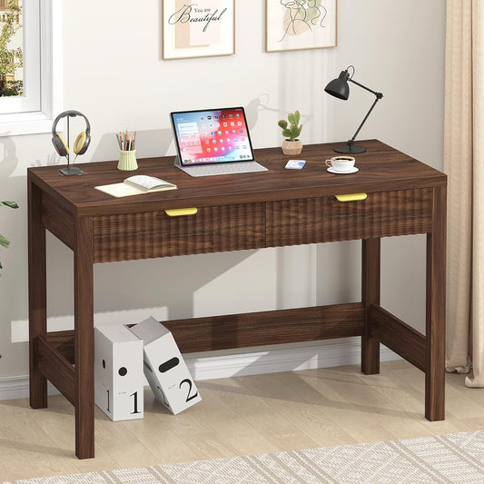 Fluted Computer Desk with 2 Drawers, 39 Inch Small Computer Desk with Storage, Compact Writing Study Desk for Small Spaces, Walnut