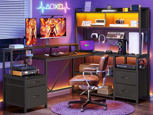 75" L Shaped Gaming Desk with Hutch, L Shaped Desk with Drawers, LED Light, Power Outlets & Pegboard, Corner Desk with Storage Shelves & Monitor Stand for Home Office, Black