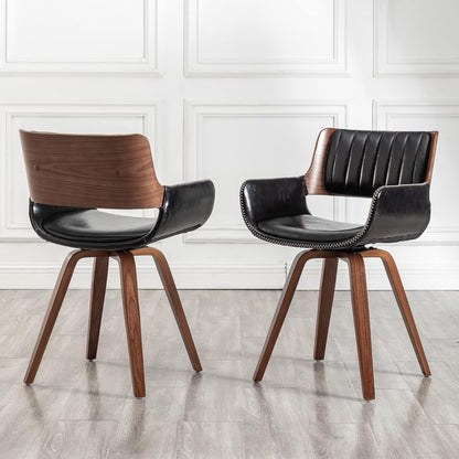 Swivel Accent Faux Leather Dining Chairs Set of 2, Mid Century Modern Chairs with Wooden Legs/Armrest/Upholstered Seat/Adjustable Foots for Kitchen Dining Room Desk Chairs,Black…