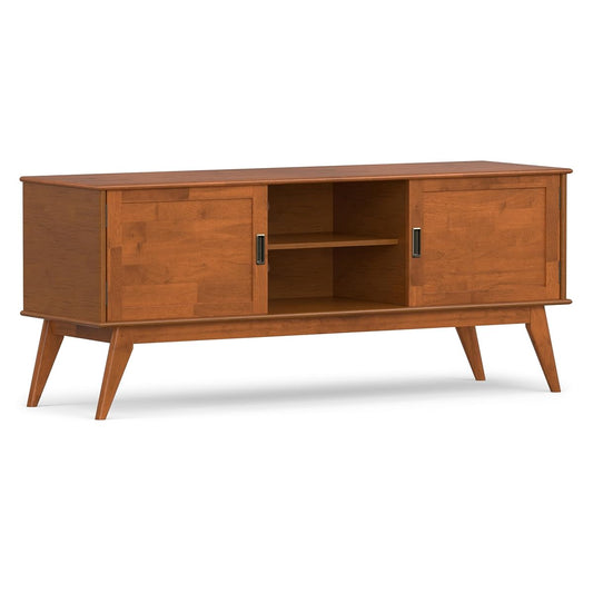 Draper TV Stand - 60 inch Wide Solid Wood Low Media Console in Teak Brown, Mid Century Modern Entertainment Center for Living Room for TVs up to 65 Inches with Cabinets and Cable Management
