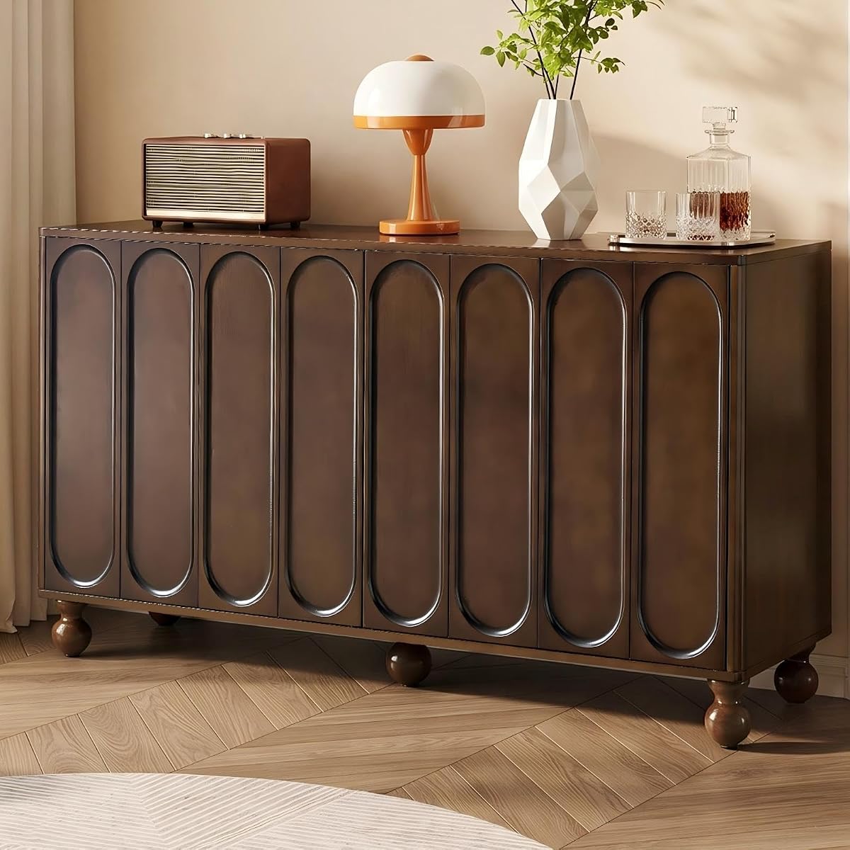 60" Sideboard Buffet Cabinet,Birch Wood Veneer,3D Arched Doors, Brown