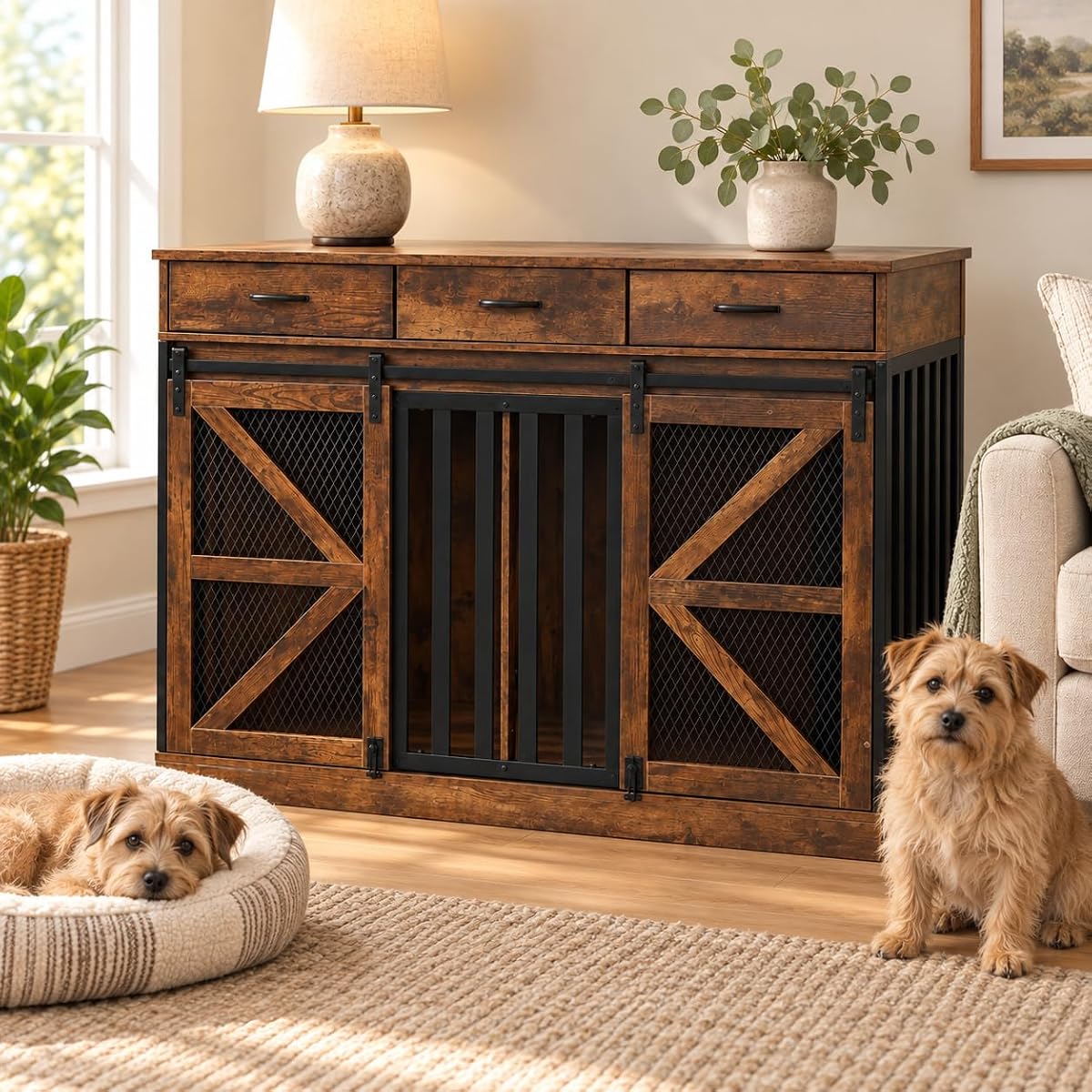 Furniture Dog Crate for Medium to Large Dogs, 2-in-1 Wooden Kennel