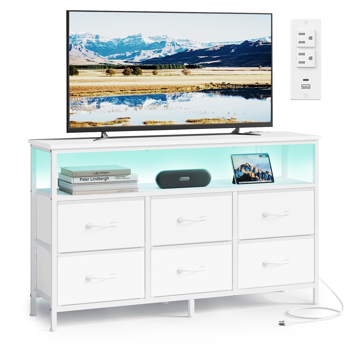 SONGMICS BELLAH Collection - Dresser for Bedroom, Chest of Drawers, TV Stand for TVs Up to 55 Inches, Living Room, Closet, 6 Drawers and 1 Shelf, Modern, Cloud White ULGS833WH02S