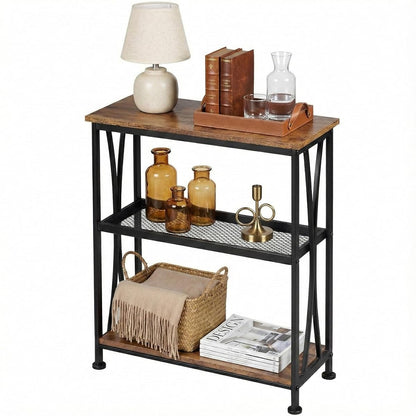 Narrow Side Table,3-Tier End Table With Storage Shelves,Small Hallway Table, Industrial Accent Table With Metal Frame Slim Nightstand Sofa Side Table for Small Spaces,Living Room, Bedroom,Rustic Brown