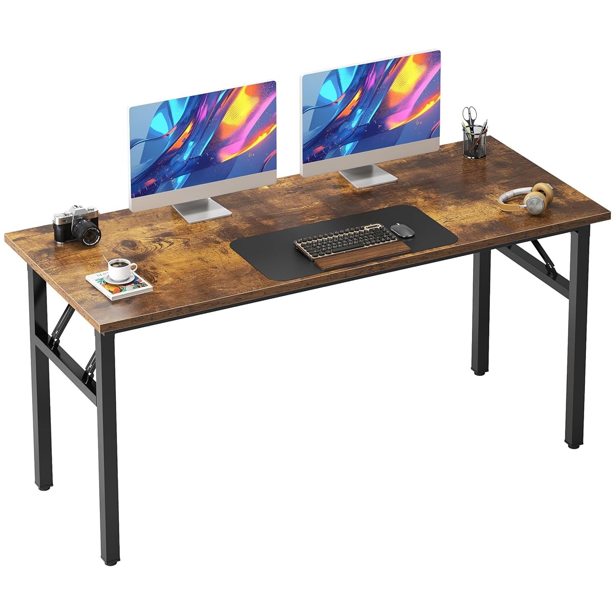Folding Desk, 54 inch Large Computer Desk for Home Office, No Install Needed Study Student Writing Table Desk Workstation, Rustic Brown