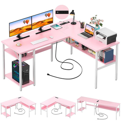 Reversible L Shaped Desk with Magic Power Outlets and USB Charging Ports