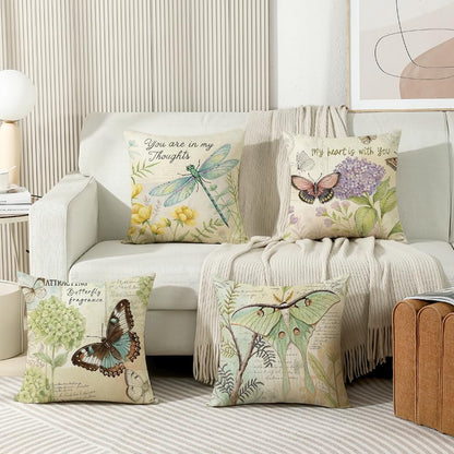 Throw Pillow Covers 16x16 Set of 4 Spring Summer Pillow Covers Linen Flower Butterfly Farmhouse Pillowcases for Sofa Couch Living Room Outdoor